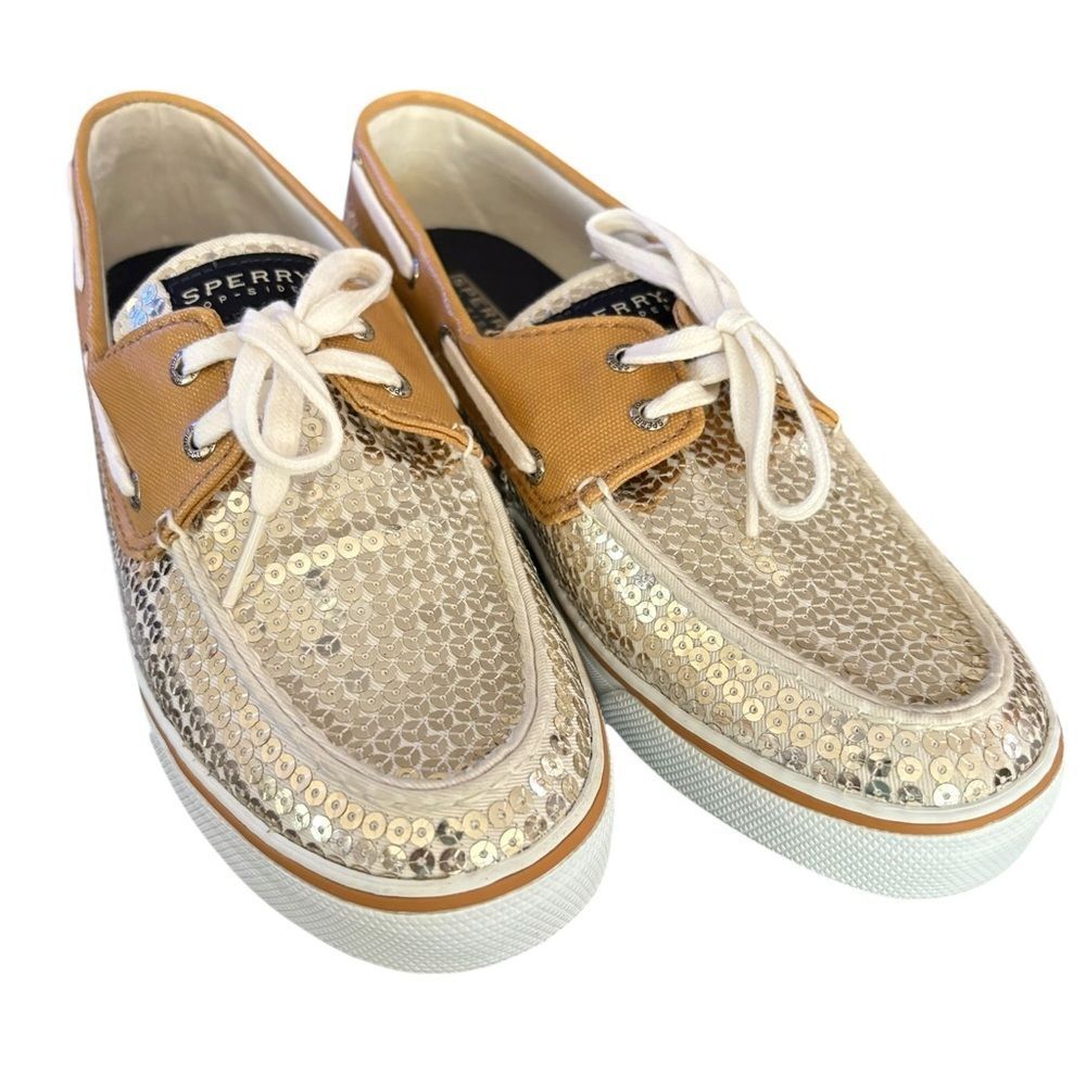 Sperry Sequin Gold and Tan Boat Shoes‎